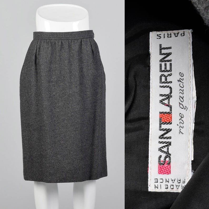 Small 1970s Yves Saint Laurent Rive Gauche Gray Pencil Skirt Wool Pencil Skirt Wool Separates Pockets Classic Style 70s Vinatge image 1