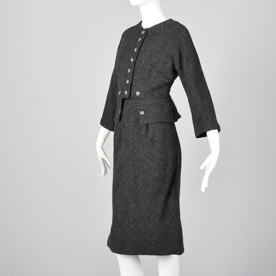 1960s Galanos Dress Set Gray Wool Tweed Autumn Ou… - image 3