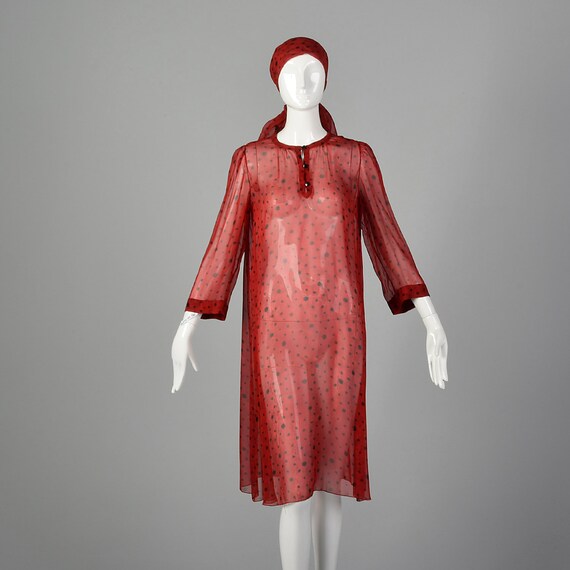 Medium 1980s Sheer Red Tunic Dress Abstract Print… - image 7