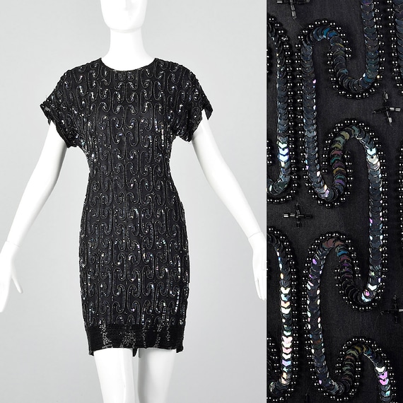 XXS Black Silk Sequin Cocktail Dress Beading Shor… - image 1