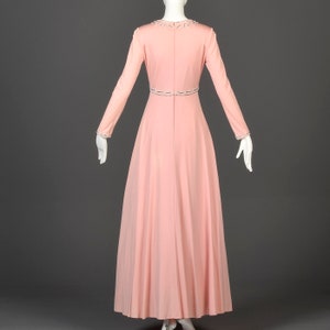 Medium Victoria Royal Beaded Formal Gown Flowy Maxi Dress Long Sleeve Pink Evening Dress Vintage 1960s 60s Low Cut Scoop Neck image 2