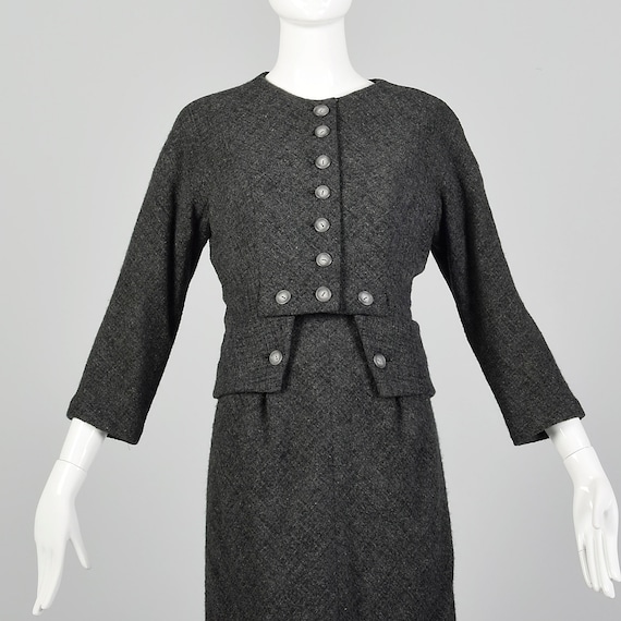 1960s Galanos Dress Set Gray Wool Tweed Autumn Ou… - image 5