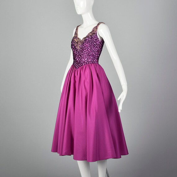 Small 1980s Fuchsia Dress Sequined Bodice Taffeta… - image 3