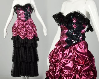 1980s Prom Dress Saloon Girl Pink Lame Gown Black Lace Sequin Strapless