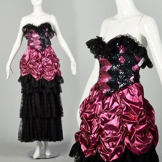 1980s Prom Dress Saloon Girl Pink Lame Gown Black… - image 1