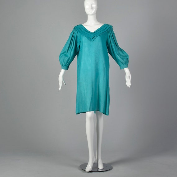 1980s Byblos Teal Tunic Dress Vintage Linen Dress… - image 2