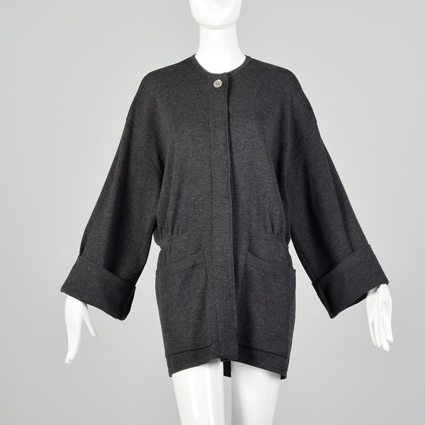 Large Donna Karan 1980s Gray Sweater Oversized Designer Charcoal Cardigan Pockets  80s