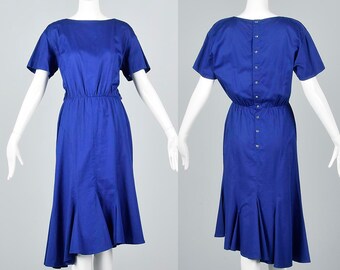 XS Thierry Mugler Simple Cotton Dress Royal Blue Short Sleeve Casual Dress Designer Summer Day Dress Vintage Sexy