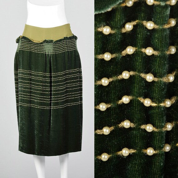 Medium 1990s Green Velvet Skirt Faux Pearl Bead Tr