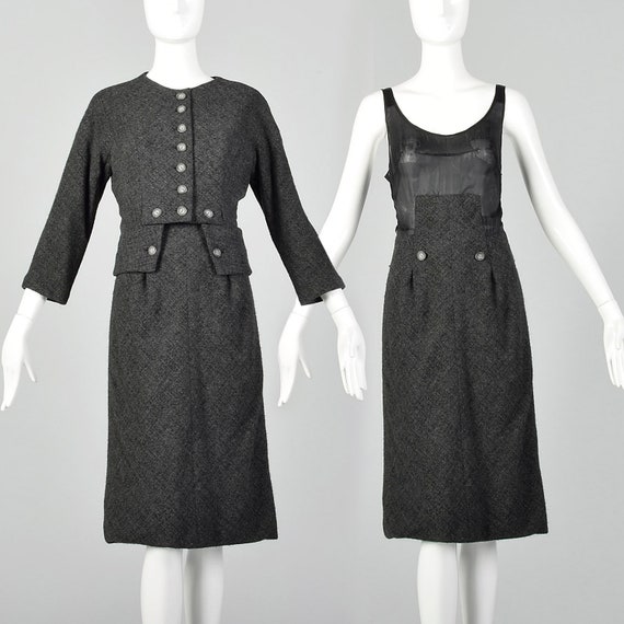 1960s Galanos Dress Set Gray Wool Tweed Autumn Ou… - image 2