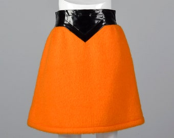 Iconic Pierre Cardin 1960s Space Age Mod Orange Mohair Mini Skirt with Wide Black Vinyl Waistband Vintage 1960s 60s