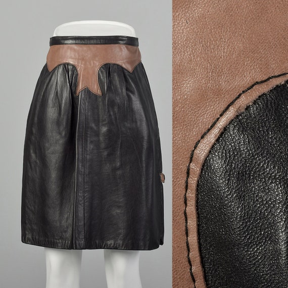 S 1990s Black Brown Leather Skirt Western Mini Pencil A Line S 1990s Black Brown Leather Skirt
