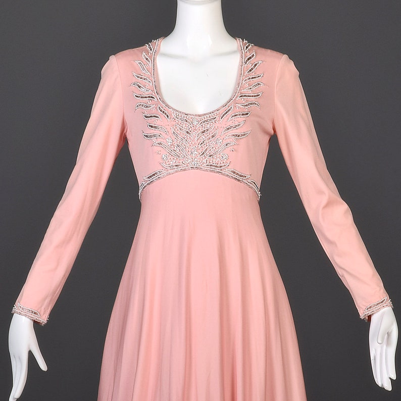 Medium Victoria Royal Beaded Formal Gown Flowy Maxi Dress Long Sleeve Pink Evening Dress Vintage 1960s 60s Low Cut Scoop Neck image 7