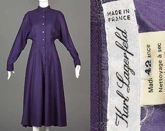 Karl Lagerfeld Dress Purple Designer Midi Dress Long Sleeve Dress Wool Dress Dolman Sleeve Made in France Designer Vintage 80s Dress Medium