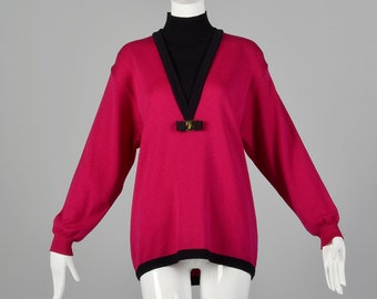 XL Ferragamo Pink Sweater 1990s Designer Turtleneck Magenta Black Ferragamo Bow