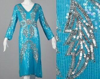 Medium 1970s Blue Silk Sequin Dress Vintage India Silk Dress 70s Beaded Cocktail Dress Vtg Blue Party Dress