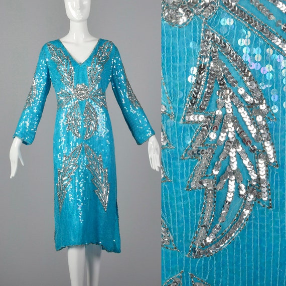 Medium 1970s Blue Silk Sequin Dress Vintage India… - image 1