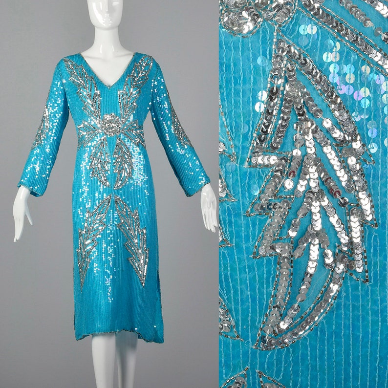 Medium 1970s Blue Silk Sequin Dress Vintage India Silk Dress 70s Beaded Cocktail Dress Vtg Blue Party Dress image 1