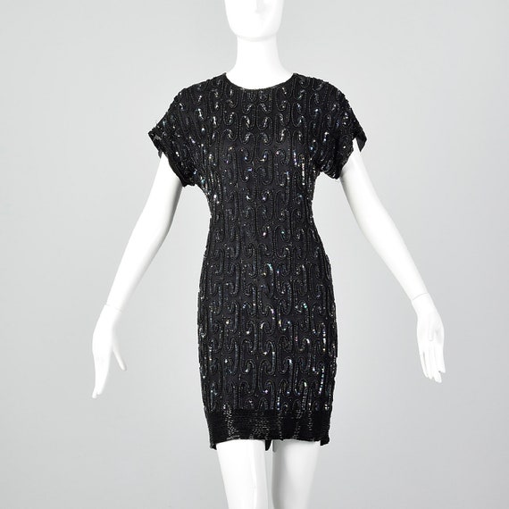 XXS Black Silk Sequin Cocktail Dress Beading Shor… - image 2