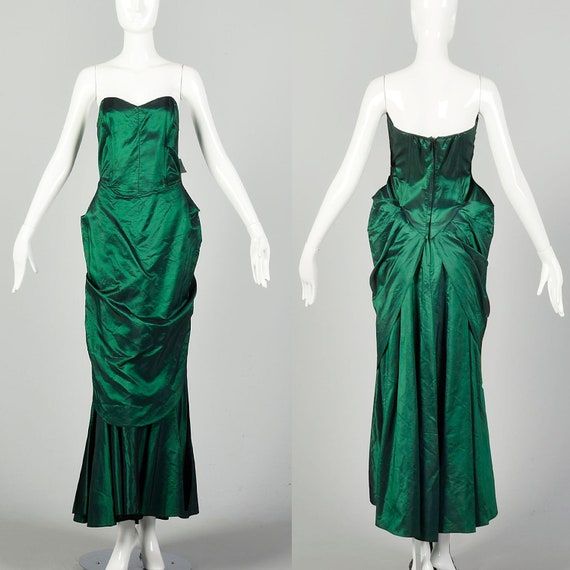 Small 1980s Dress Formal Mermaid Green Taffeta St… - image 1