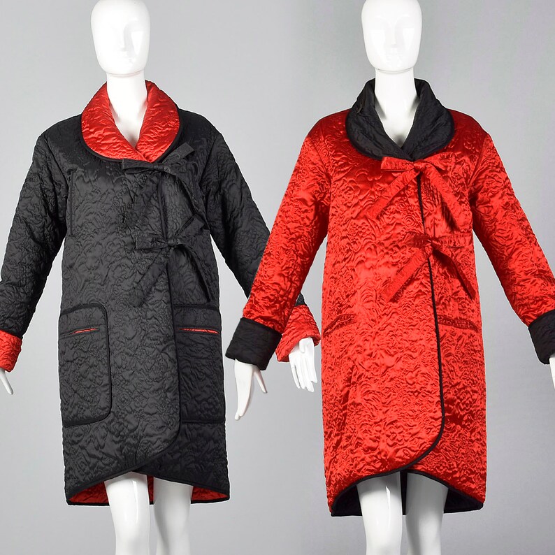 Medium 1980s Sonia Rykiel Reversible Quilted Coat Reversible Outerwear Floral Quilted Detail Red Black 80s Vintage image 1