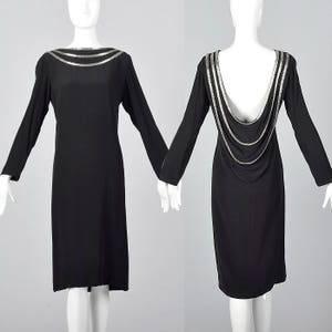 1970s Bob Mackie Sexy Winter Dress Backless Evening Dress Long Sleeves Little Black Dress Beaded Neckline Draped Back image 1