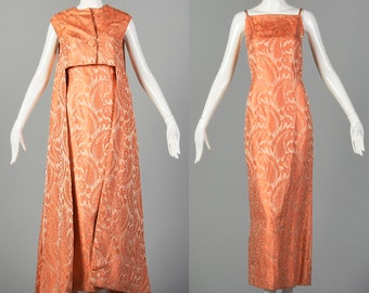 Small 1960s Coral Dress Set Pink Paisley Brocade Formal Maxi Matching Vest Mod Evening Gown