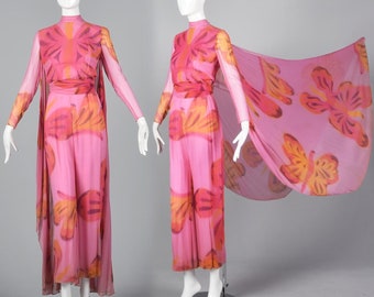 XXS Long Sleeve Jumpsuit Cape Unique Jumpsuit Pink Silk Chiffon Cape Train Petite Sands Hotel Las Vegas Vintage 1960s 60s Rat Pack