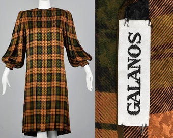 Large Galanos Loose Silk Dress Long Bishop Sleeve Pleated Plaid Designer Dress Vintage 1980s 80s Green Gold Tartan