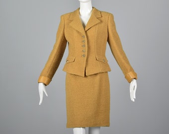 Medium Emanuel Ungaro Parallele Skirt Suit Boucle Tweed Fitted Jacket Leather Trim Made in Italy Mustard Yellow Winter Suit Vintage Designer