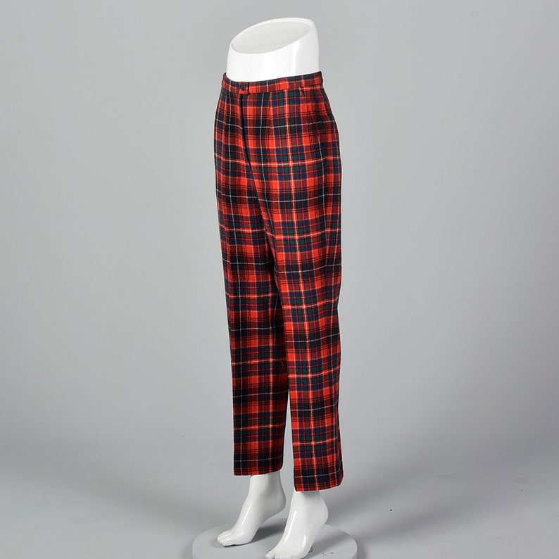 XS Pendleton Plaid Pants Red Wool Vintage 70s Blue Green Woven Flat Front Lined Tapered Leg
