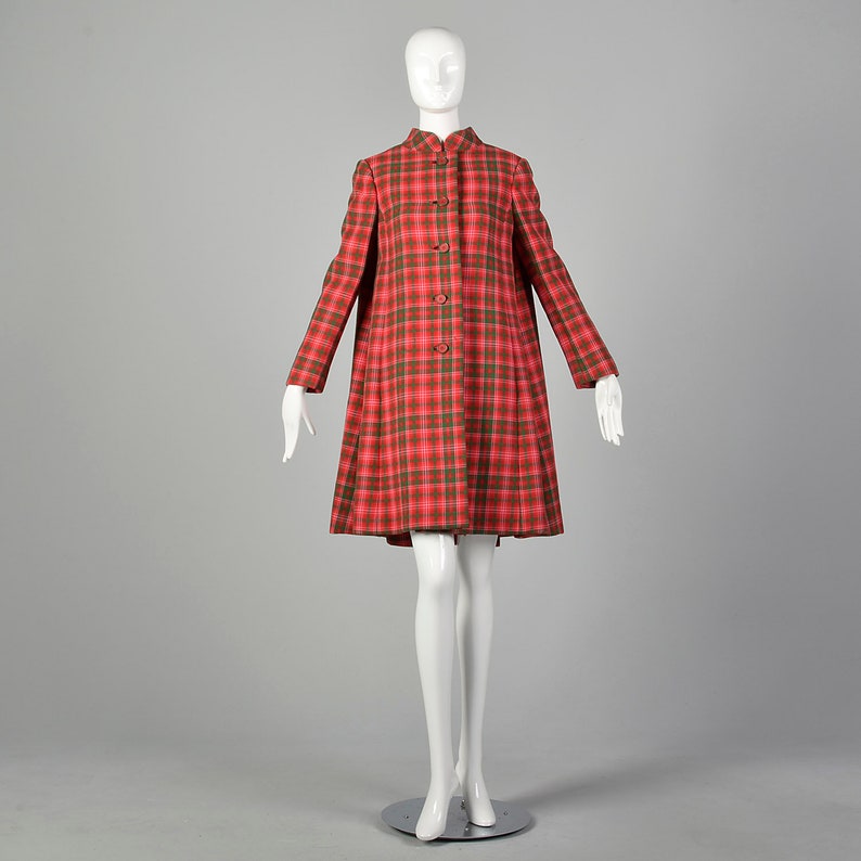 Medium Geoffrey Beene Red Plaid Coat 1960s Swing Coat Heavyweight Winter Jacket image 4