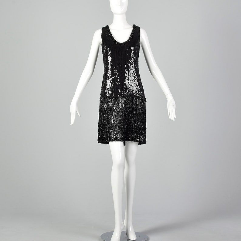 Small 1980s Black Sequin Dress Vintage Beaded Shift Dress Little Black Dress Cocktail Dress 80s Flapper Dress image 3