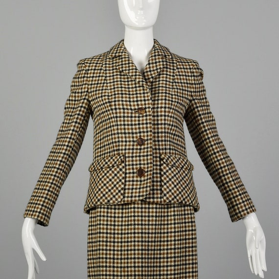 XXS 1960s Brown Plaid Skirt Suit Button Front Jac… - image 6