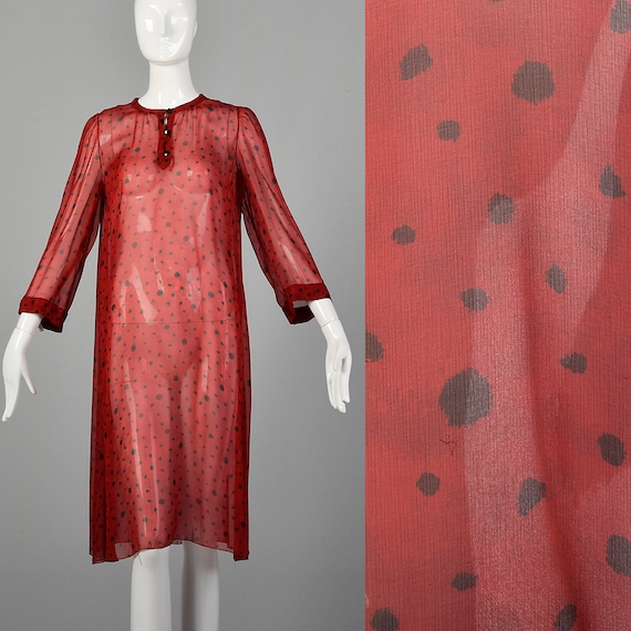 Medium 1980s Sheer Red Tunic Dress Abstract Print… - image 1