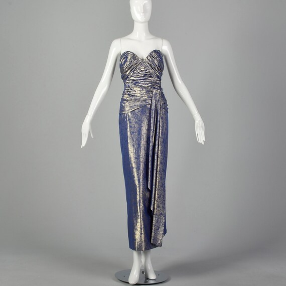 XS Blue Gown 1970s Gold Lamé Strapless Sweetheart