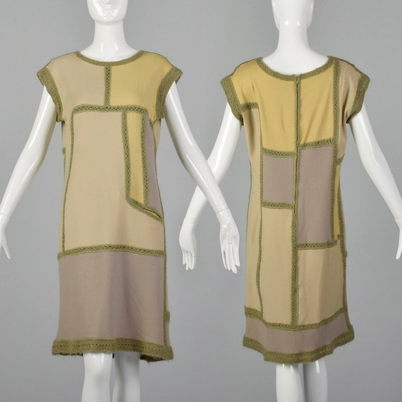 XS 1960s Patchwork Dress Knit Trim Green Sleevele… - image 1