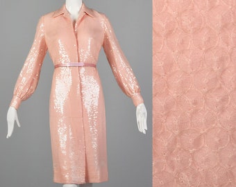 Small Bill Blass 1970s Dress Pink Sequin Dress 70s Bill Blass Long Sleeve Dress Pink Cocktail Dress Designer