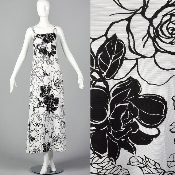 XS 1960s Dress Black White Floral Maxi Empire Wai… - image 1