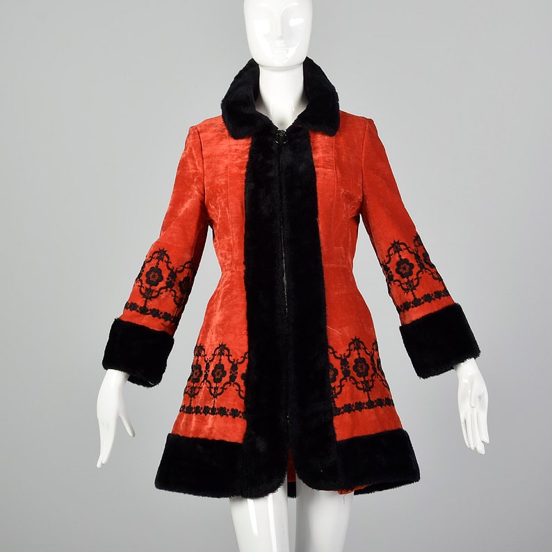 XXS 1970s Red Velveteen Princess Coat Vintage Velvet Coat Russian Style Jacket Embroidered Coat 1960s Coat