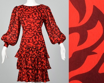 Small Michael Novarese Red and Black Silk Dress Abstract Design Bishop Sleeve Back Zip Vintage 1980s