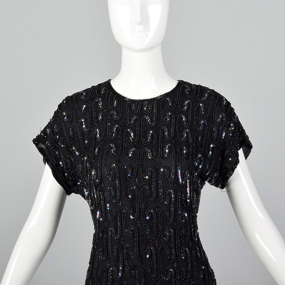 XXS Black Silk Sequin Cocktail Dress Beading Shor… - image 6