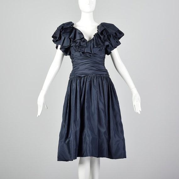 XS Morton Myles Ruched Party Dress Ruffles Navy P… - image 1