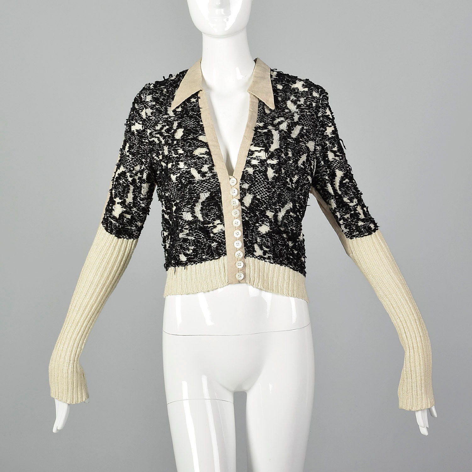 Small Dries Van Noten Knit Cardigan Wool Linen Long Sleeve Rib 
