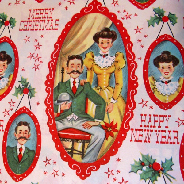 Vintage 70s "Victorian Portrait" Christmas Wrapping Paper, One Uncut Sheet, 20 x 29"