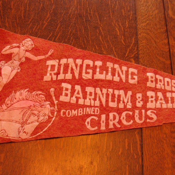 Vintage 1950s Ringling Bros. and Barnum & Bailey Combined Circus Pennant, Woman on Horse, 27"