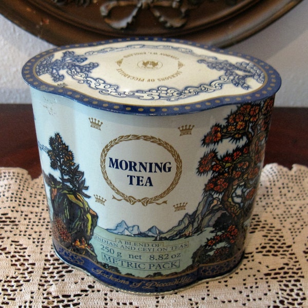 Vintage Jacksons of Piccadilly Morning Tea Tin, Japanese Seaside Mountain Design, Lift off Top