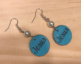 Jesus Paper Bead Earrings on Turquoise