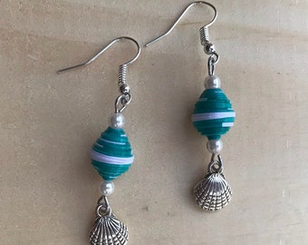 Turquoise and White Paperbead Shell Earrings