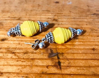 Yellow Paper Bead Earrings on Posts